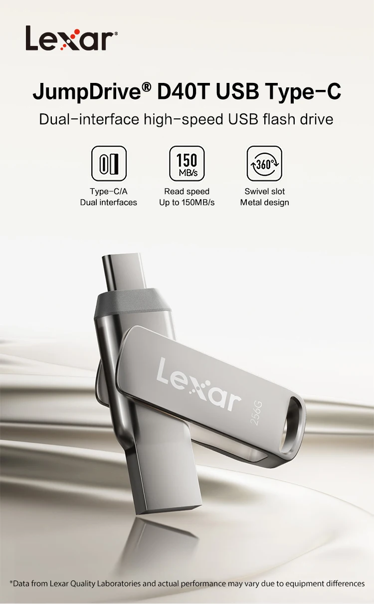 محرك أقراص Lexar JumpDrive D40T USB Type-C قراءة ما يصل إلى 150 ميجابايت/ثانية 128 جيجابايت 256 جيجابايت OTG Dual Type-C/A Memory Stick U Disk لهاتف iPhone 15 PC