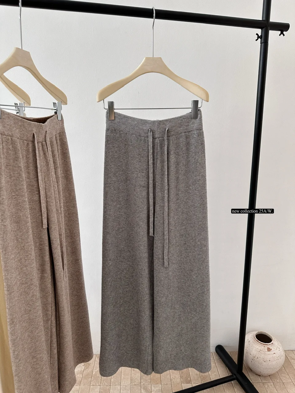Fusi Verdickte, mit Fleece gefütterte, gestrickte, lässige Hose mit weitem Bein, gerader Schnitt, bodenlange Hose mit hoher Taille für Damen