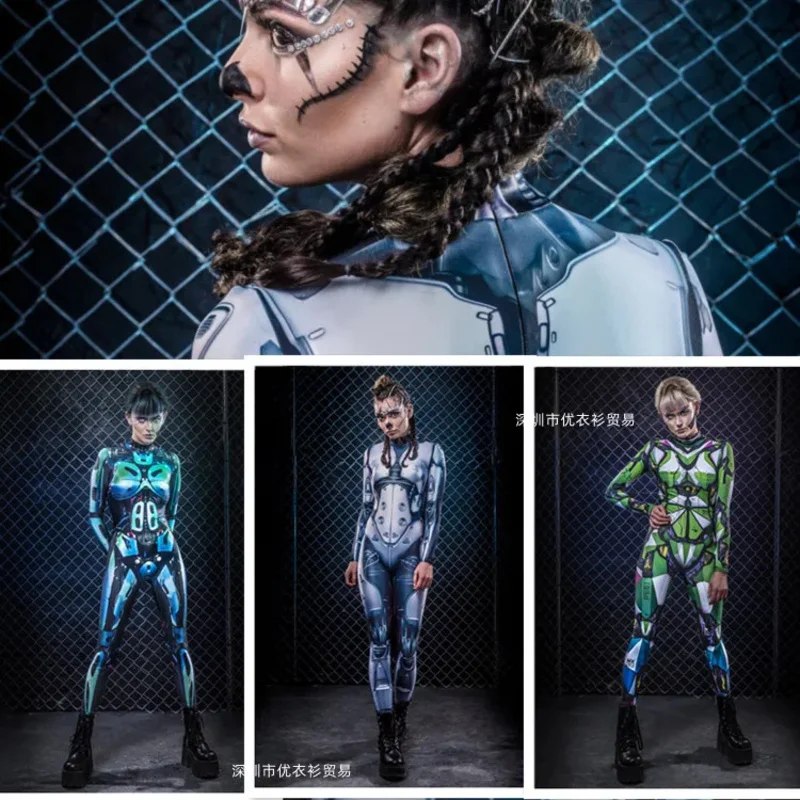 Mono Sexy de Robot Punk para mujer, traje ajustado de esqueleto Cyberpunk Steampunk, Catsuit, disfraces de Cosplay Zentai, vestido de fantasía para Halloween