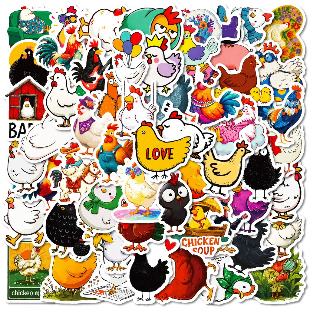 56Pcs Funny Cartoon Chicken Doodle Stickers Rooster Hen Decals for Journal and Stationery DIY Decor Golden Memory Stickers Store