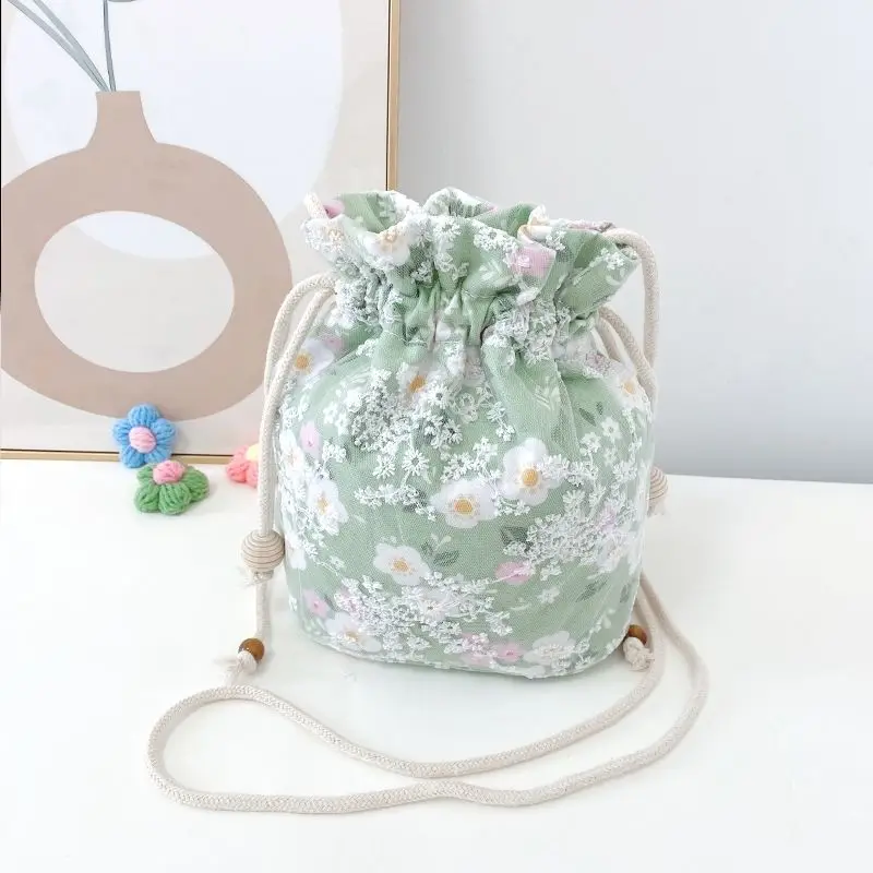Khaki White Green Blue Pink Ditsy Floral Drawstring Crossbody Bag Cotton Linen Phone Pouch Vintage Mori Bucket Purse For Girls