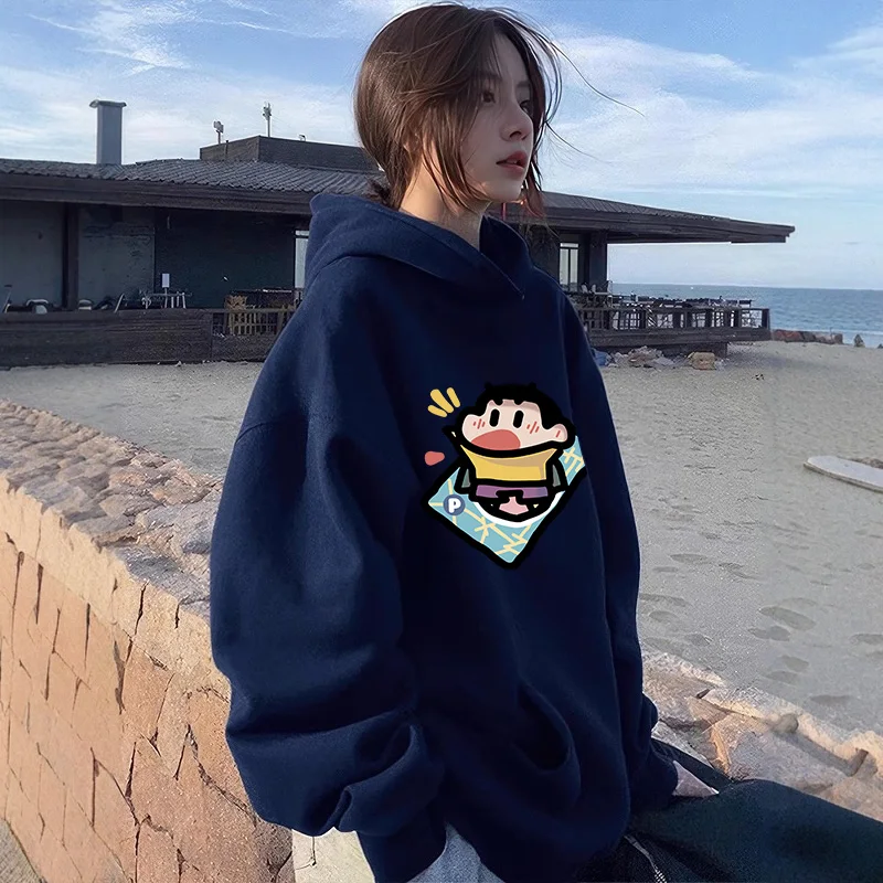 

Oversize Loose Fit Women's Hoodie Autumn Winter Blue Fleece Lined Jacket Trendy Couple Top Korean Style round Neck Long Sleeve