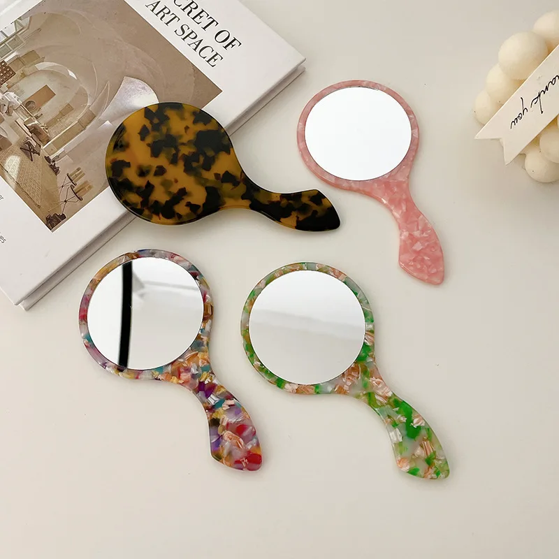 Miroir de maquillage coréen à l'acide acétique pour femmes et filles, portable, à main, avec poignée, en élasthanne simple face