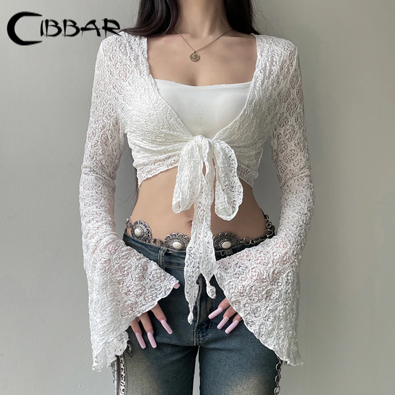 CIBBAR Streetwear y2k Lace Smock T-shirt Solid White Flared Full Sleeve Bandage Cardigan Crop Top Women Vintage 2000s Tees Shirt