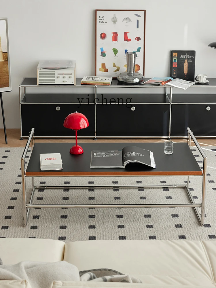 ZML retro multi-functional coffee table living room household solid wood stainless steel tea table deformable desk