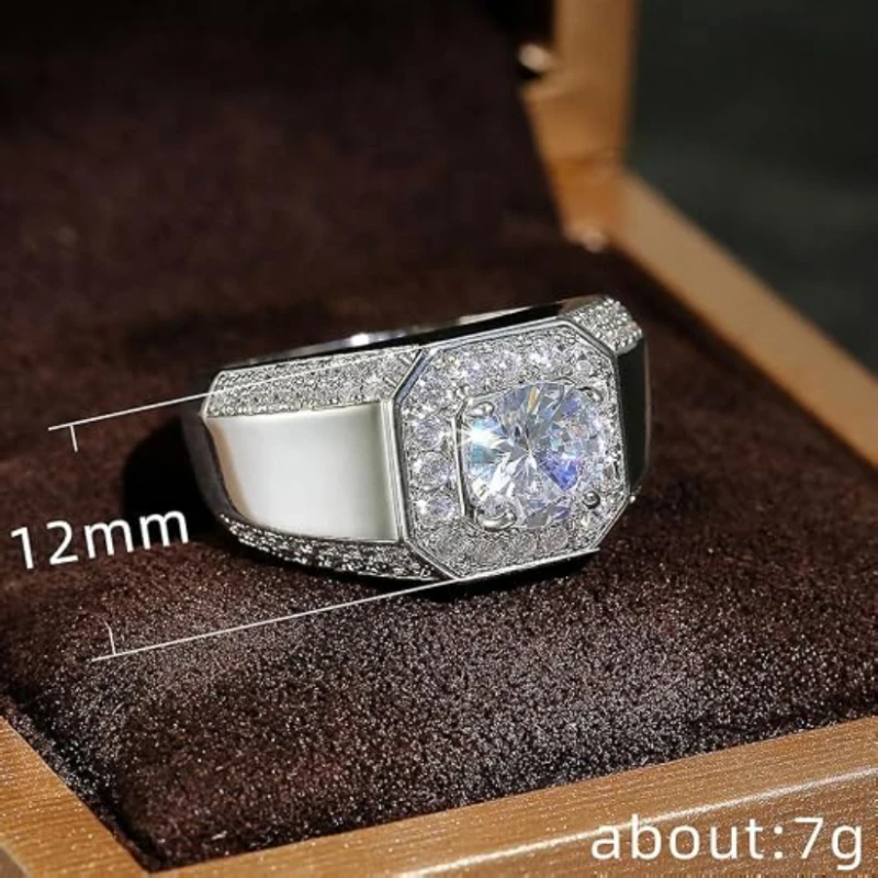 Huitan Luxury Silver Color Round Cubic Zircon Rings for Men Classic Wedding Ceremony Ring Dazzling Male Accessories Jewelry Hot