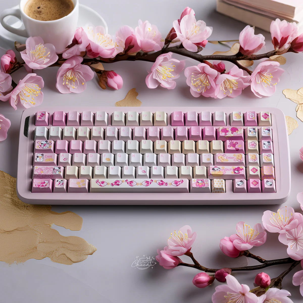 Original highly lucky cat theme keycaps sweet gradual change pink  