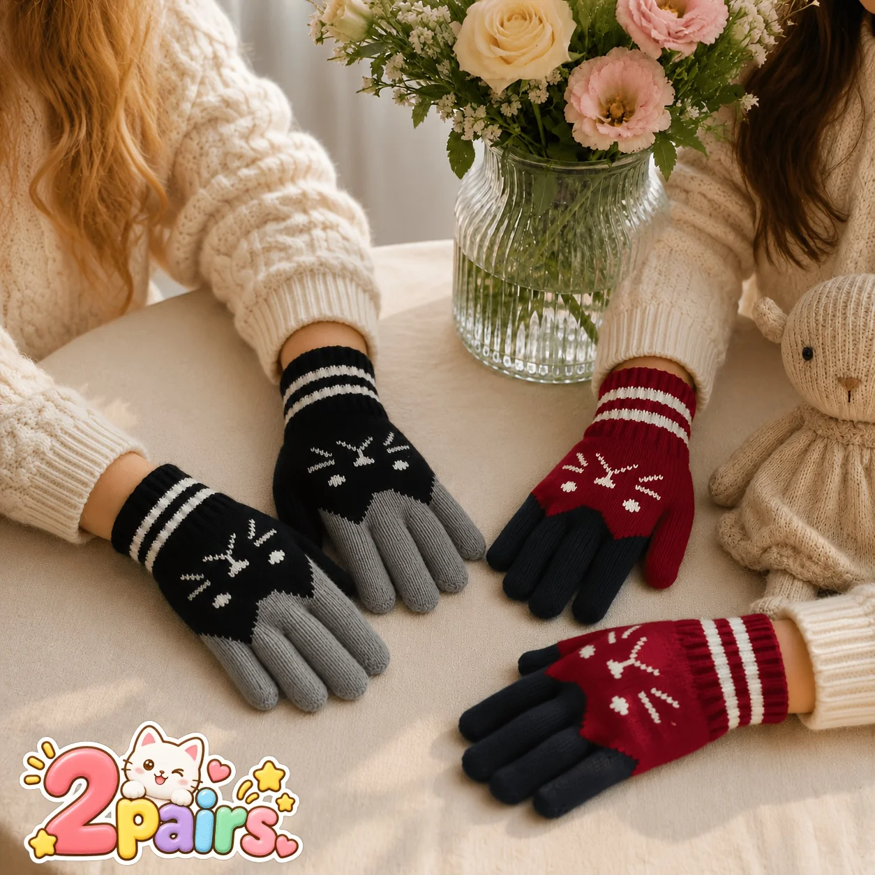 2 Pairs of Warm Gloves in Random Colors, with Cute Cat Face Designs, Fashionable Elastic Full-Finger Design, Warm and Stylish Cold-Proof Gloves, Warm Gloves, Fashionable Accessories for Sports and Leisure Wear, Suitable for Daily Outings, Outdoor Play, and Keeping Warm