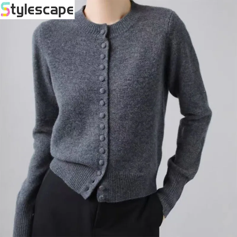 

Korean Version Simple Knitted Cardigan Sweater Jacket Plus Size Women's Clothing 2025 Autumn and Winter Round Neck Outerwear