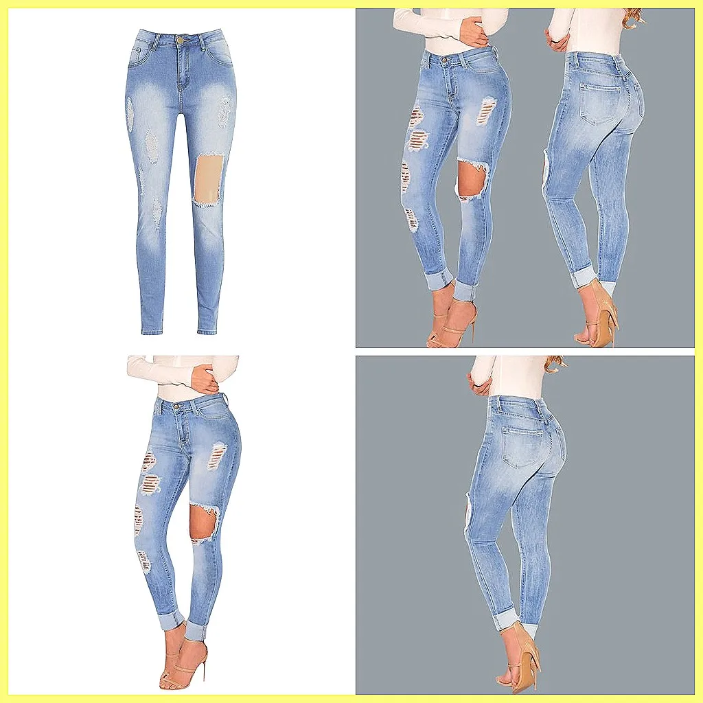 Women's High Waist Ripped Jeans - Stretch Butt Lift Skinny Denim Pants Casual Trousers