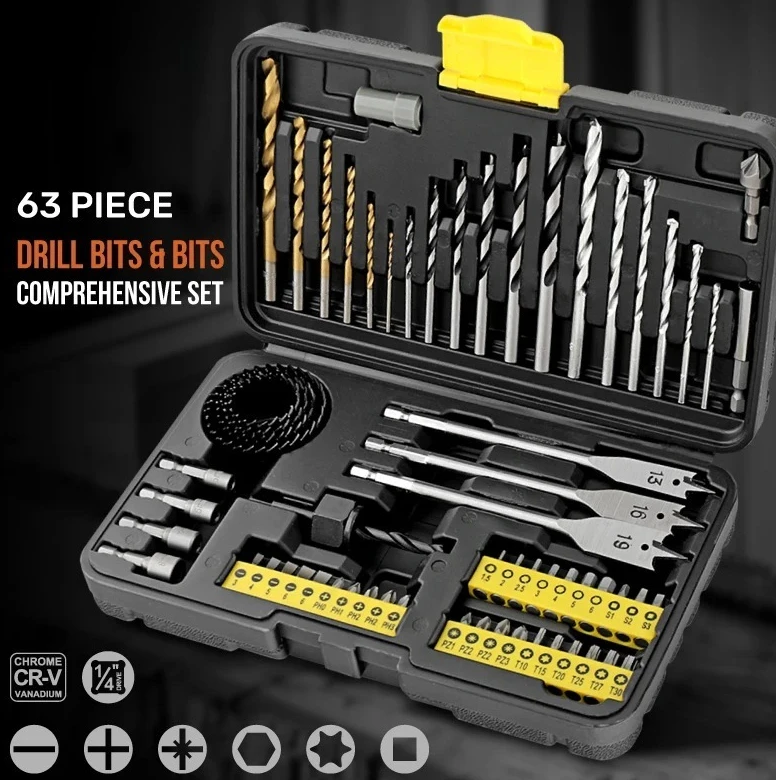 

Деревообработка, строительный набор Twist/плоские биты + футляр-органайзер Hi-Spec, 63-комплектDrillBitSetHSS/CRVw/MagneticSplicer&HoleSaw