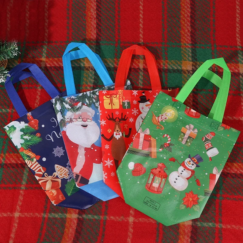 Merry Christmas Gift Bags with Handle High-capacity Foldable Storage Handbag Non Woven Cartoon Print Santa Elk Party Supply TMZ