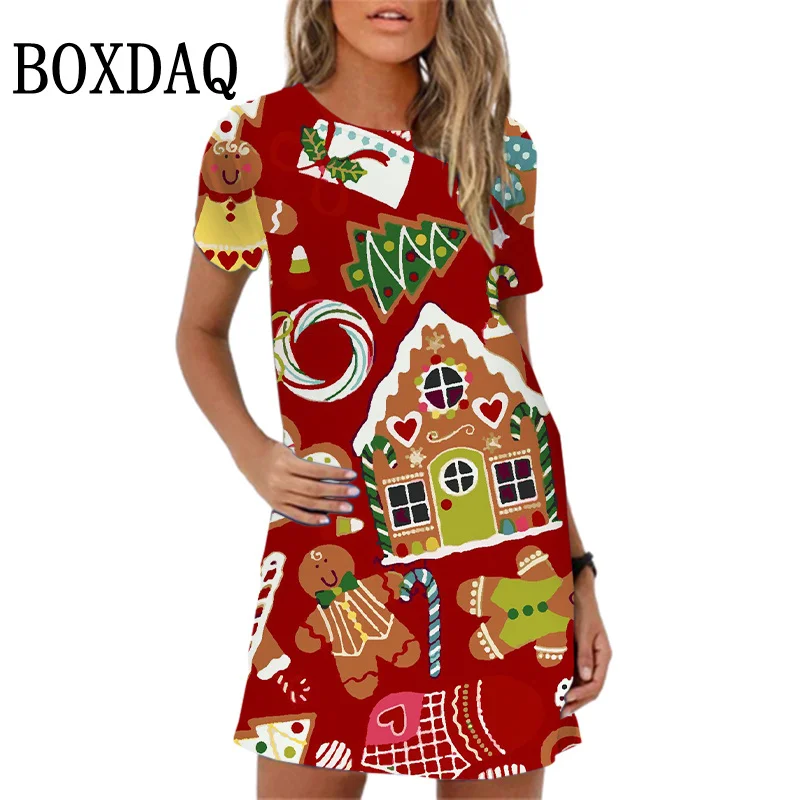 

Christmas Pattern Printing Women Dress Summer New Short Sleeve O-Neck Loose A-Line Dress For Women Sweet Cute Cartoon Mini Dress