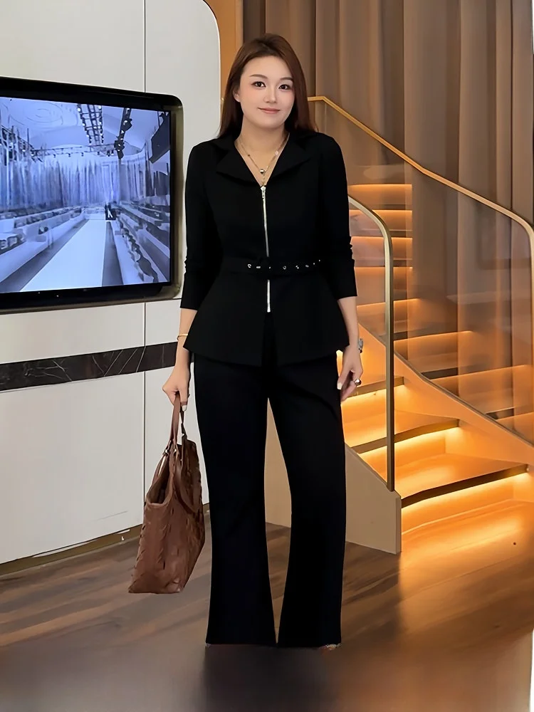 

Корейский модный комплект для работы больших размеров: куртка с цветочным принтом и брюки с высокой талией, V-образный вырез, застежка-молния, весенне-осенний комплект