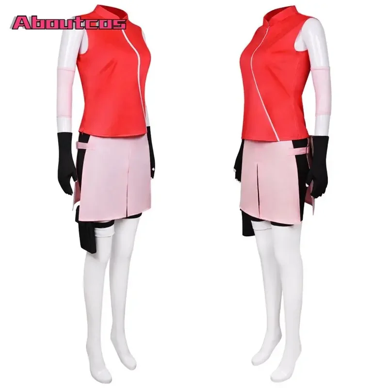 Aboutcos-Haruno Sakura Traje para Mulheres e Meninas Saia Ninja Terno Kunai Tiara Anime Acessórios para Halloween e Carnaval