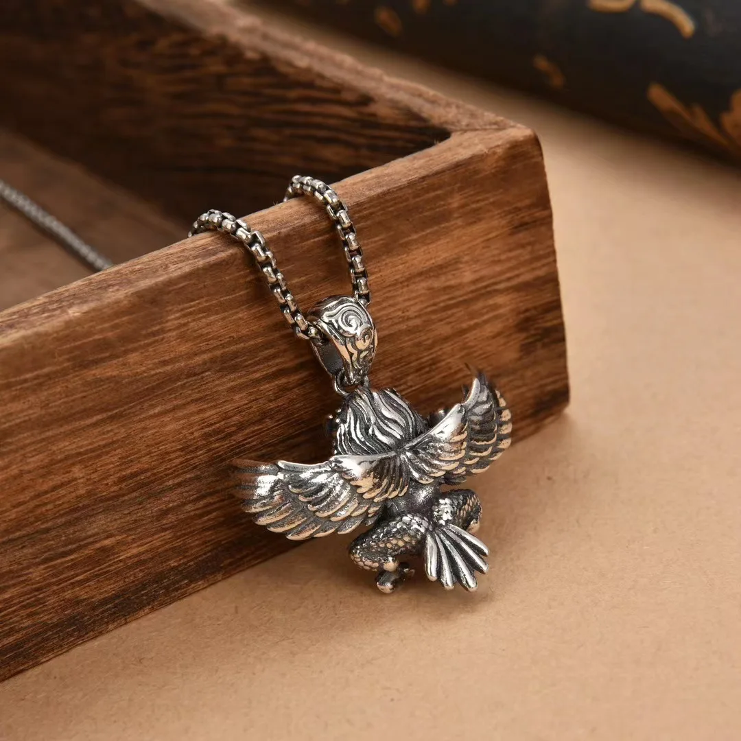 BOCAI S925 Sterling Silver Jewelry Vintage Fashion Golden Winged Dapeng Bird Pendant Gift for Men and Women