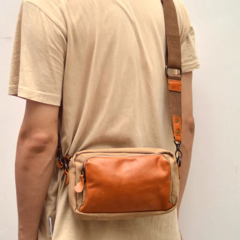 Сумка на одно плечо оригинального и нишевого дизайна, мужской рюкзак в стиле ретро, модный полотняно- и кожаный горизонтальный рюкзак.