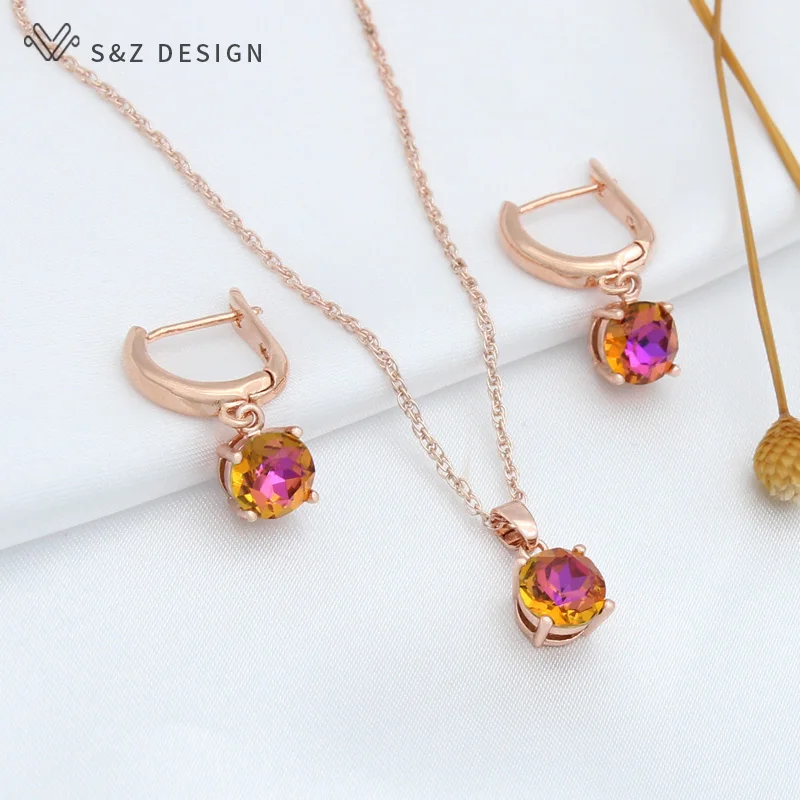 S&Z DESIGN New Fashion 585 Rose Gold Color Round Crystal Dangle Earrings Jewelry Sets For Women Wedding Pendant Necklace