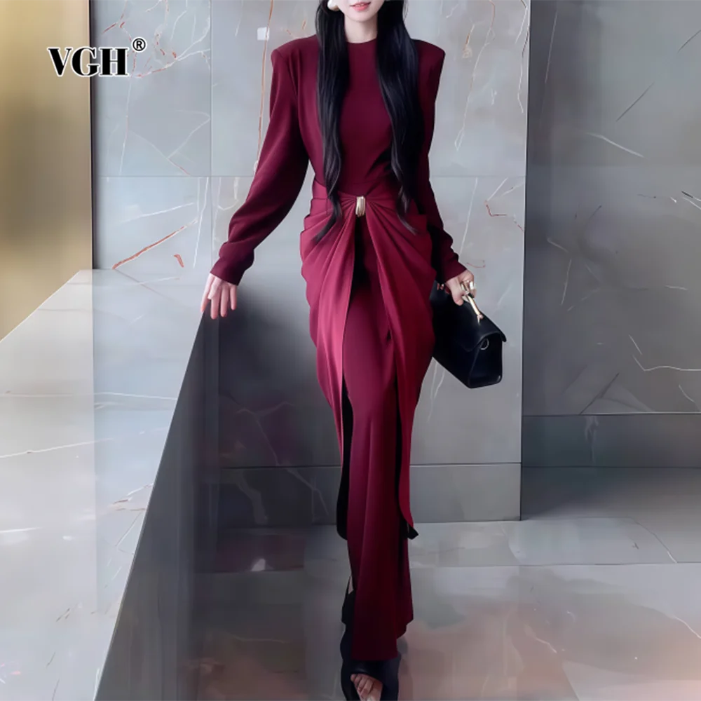 VGH French Style Designer Solid Dresses For Women Round Neck Long Sleeve High Waist Elegant Slimming Party Dress Female Fashion