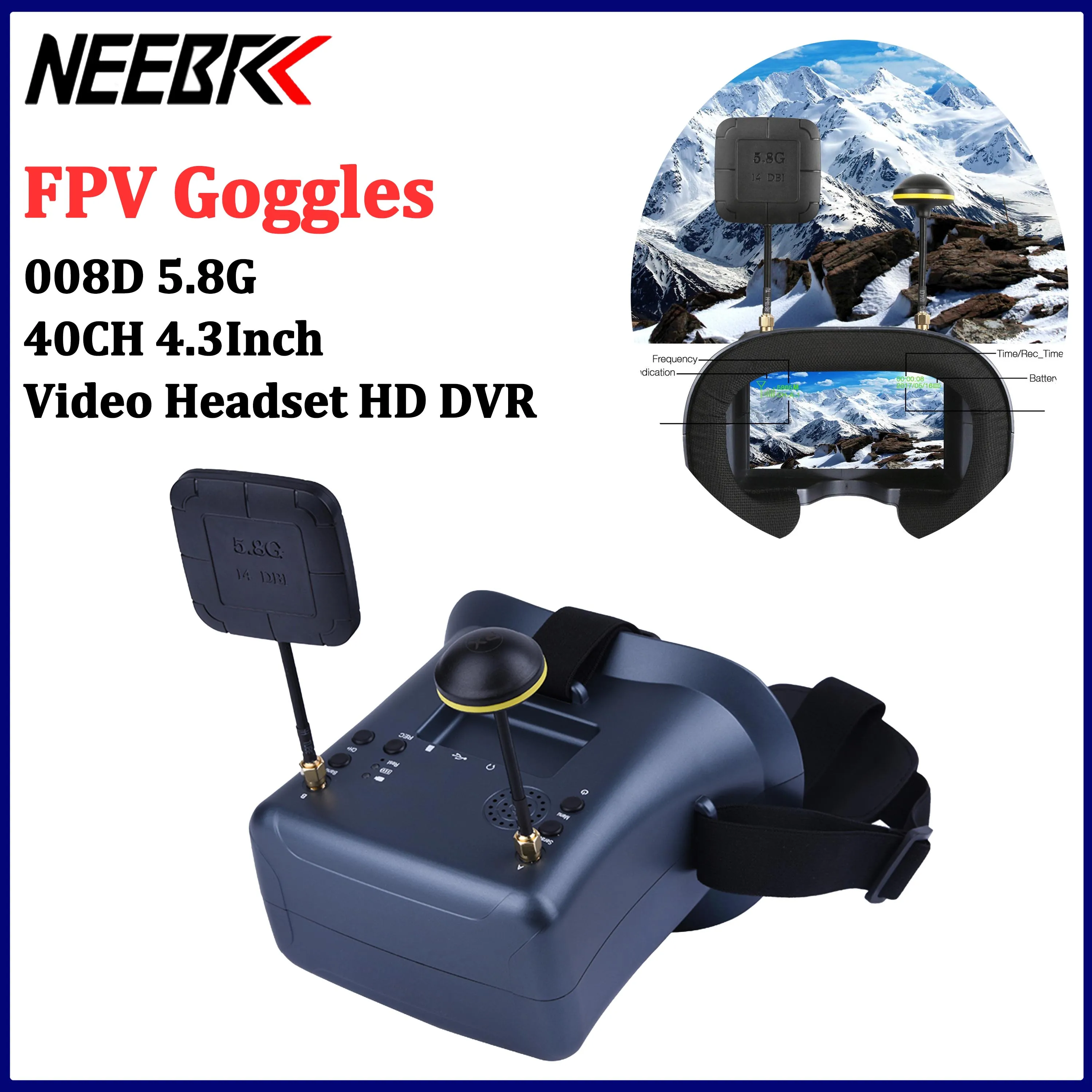 008D FPV Goggles 5.8G 4.3Inch Video Headset HD DVR with 2000mAh Battery 40CH Receiver for RC RC FPV Racing Drone Quadcopter