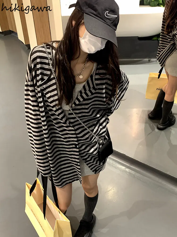 2023 Ropa Mujer Harajuku Hoodies Women Fashion Striped Streetwear Y2k Tops Clothes for Teens Loose Casual Thin Sweatshirts Coat