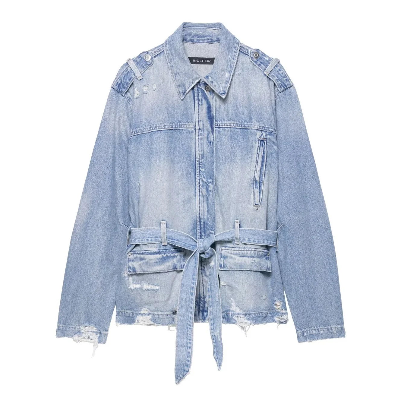 Woman Fashion Denim Jacket Turn-Down Collar Zipper Female Autumn Long Sleeves With Pockets Belted Causal Jackets Clothing