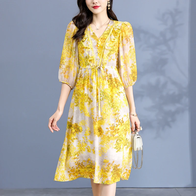 

Summer Vintage Dresses For Women Elegant V-neck Three Quarter Sleeve High Waist Floral Print 100% Real Silk Women's Long Dress