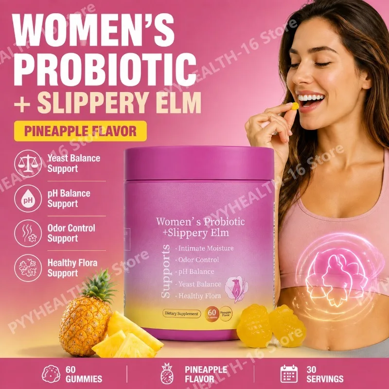 Probiotic Gummies for Women with Slippery Elm 4 Strains XOS & Prebiotic, Pineapple Flavor, Daily Digestive Support, 60 Gummies