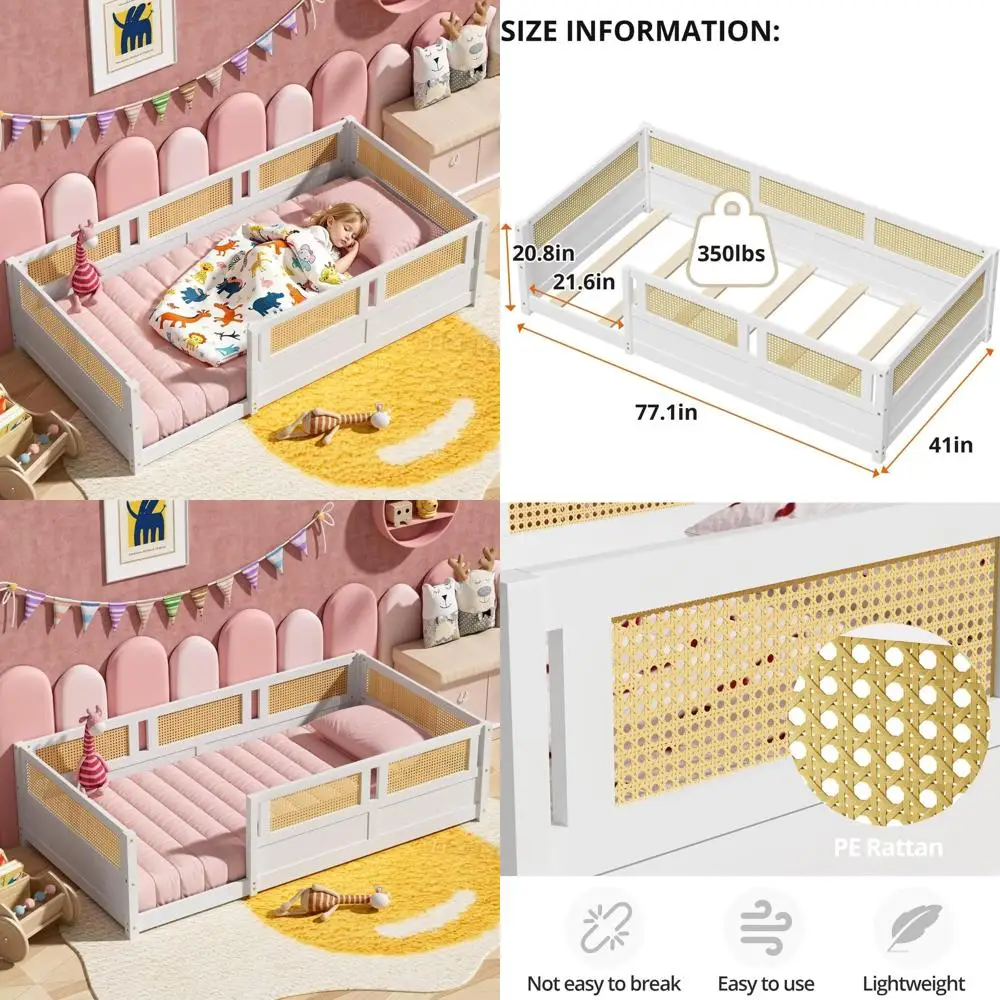 

Двуспальная белая деревянная кровать с ротанговыми элементами и ламелями, подходит для детей и подростков