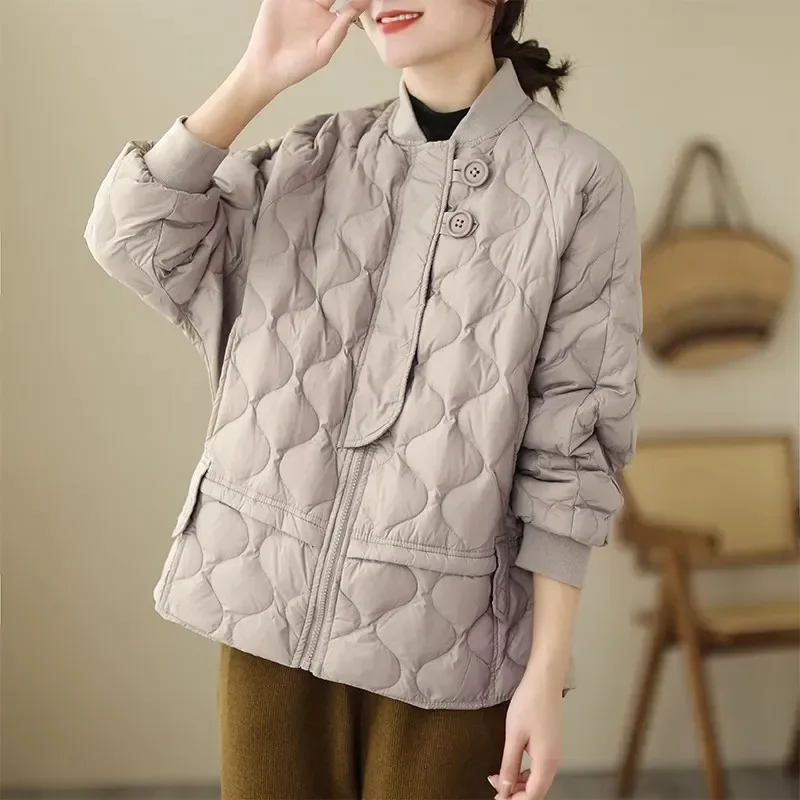 

Prismatic Lattice Quilted Two Button Thickened Warm Stand Collar Baseball Down Jacket Simple Casual Loose Cotton-padded Jacket