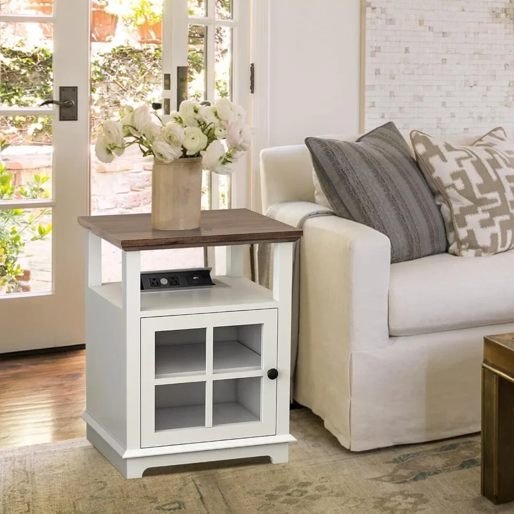 18'' End Table with Charging Station,White Side Table with Wireless Charging Station,End Tbale with Storage for Living Room