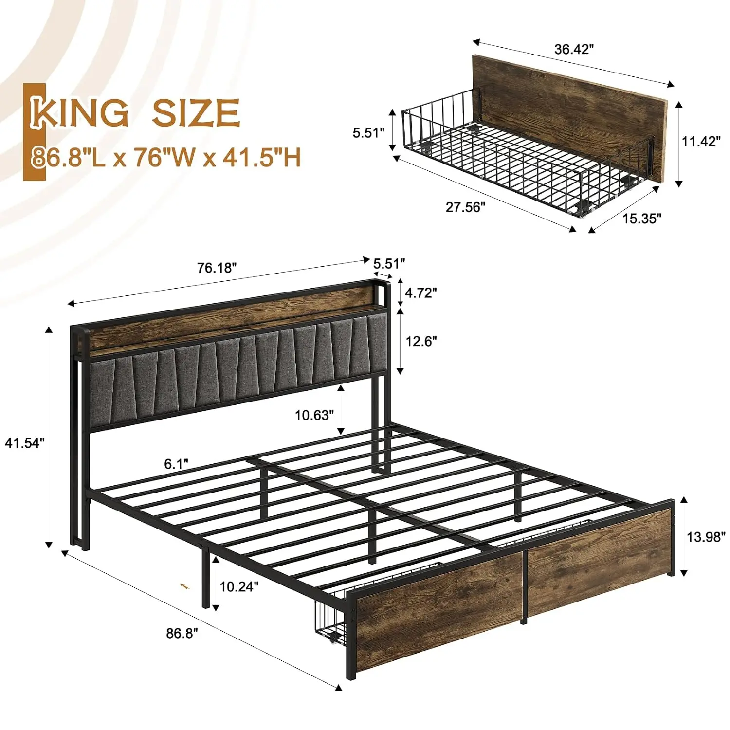 King Size Upholstered Bed With Storage Drawers, USB Charging Station, Metal Slats, No Box Spring, Customized
