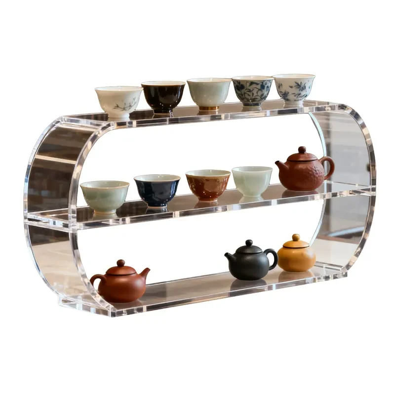 Transparent Acrylic Desktop Display Shelf Simple Teapot and Teacup Storage Rack Clear Organizer for Tea Set Showcase Stand