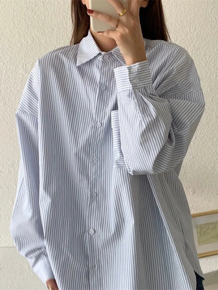 

Свободный женский топ в синюю полоску irt Jaet Long Sve Inner Wear French Sle против морщин, обычный тонкий топ средней длины