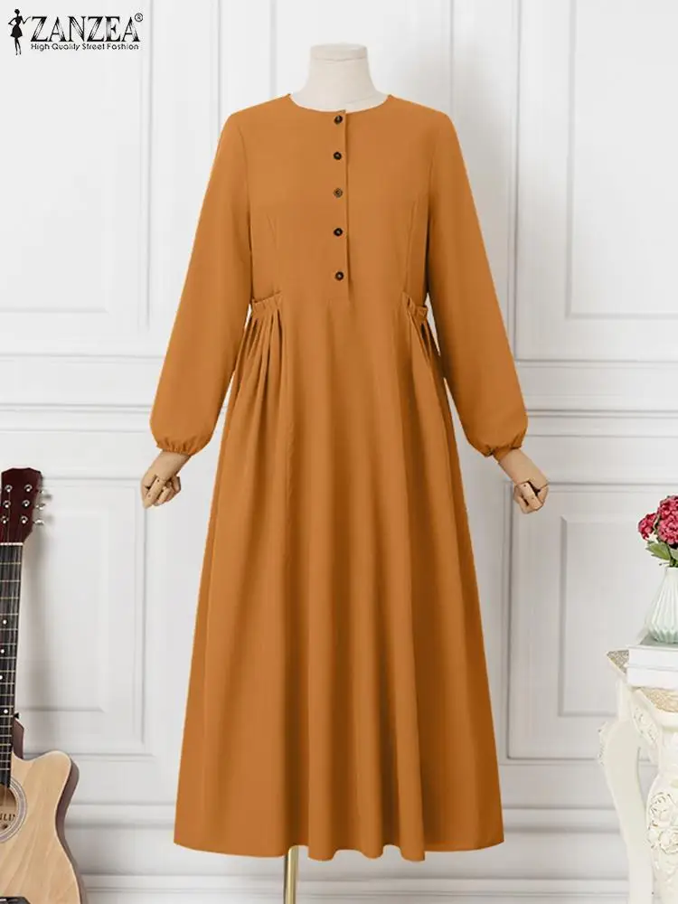 ZANZEA Fashion Eid Mubarek Ramadan Turkey Dress Women Long Sleeve Solid Muslim Maxi Sundress Robe Femme Islamic Abaya Vestido