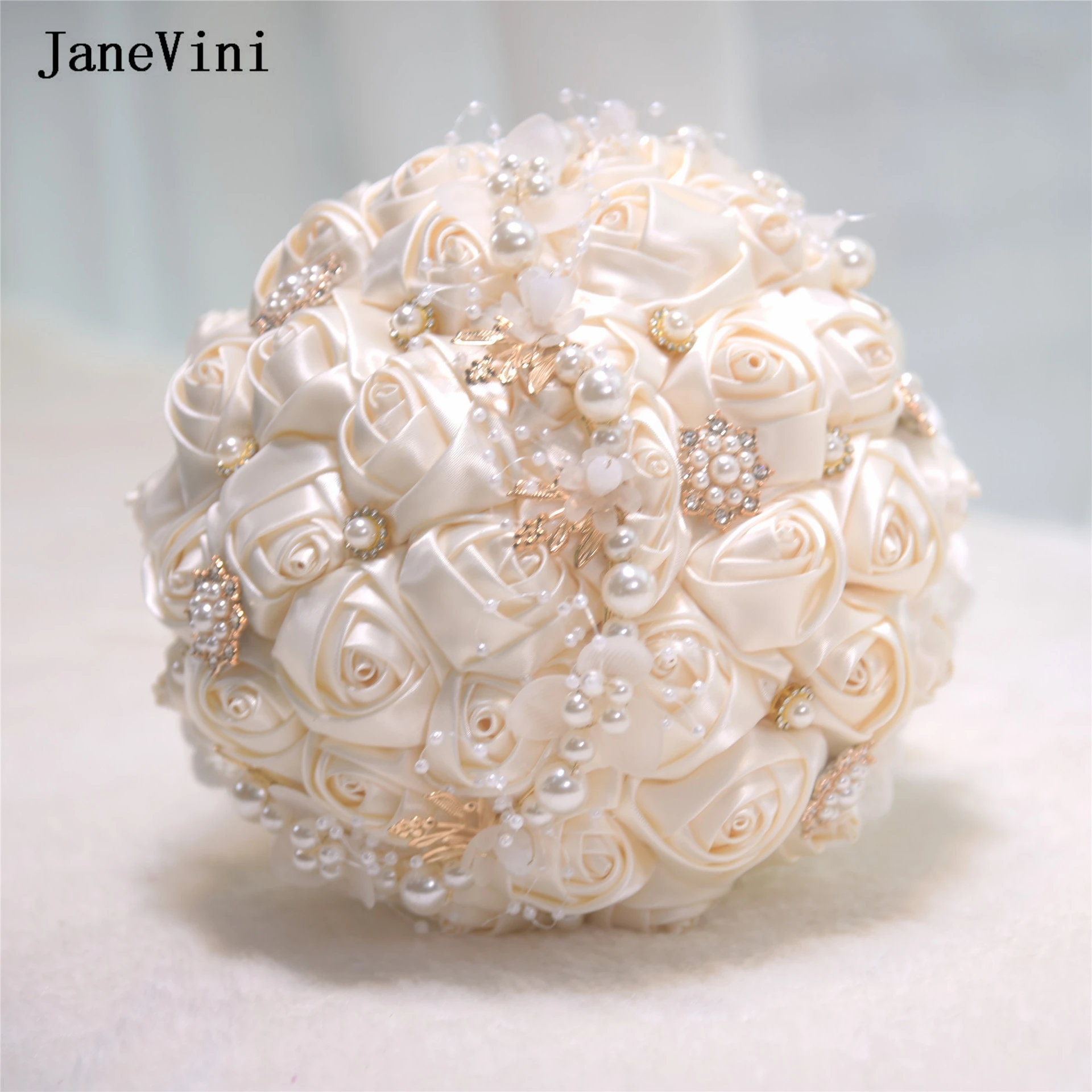 JaneVini-ramo de flores de boda para dama de honor, flores de marfil, perlas artificiales, rosas de satén, barato, novedad