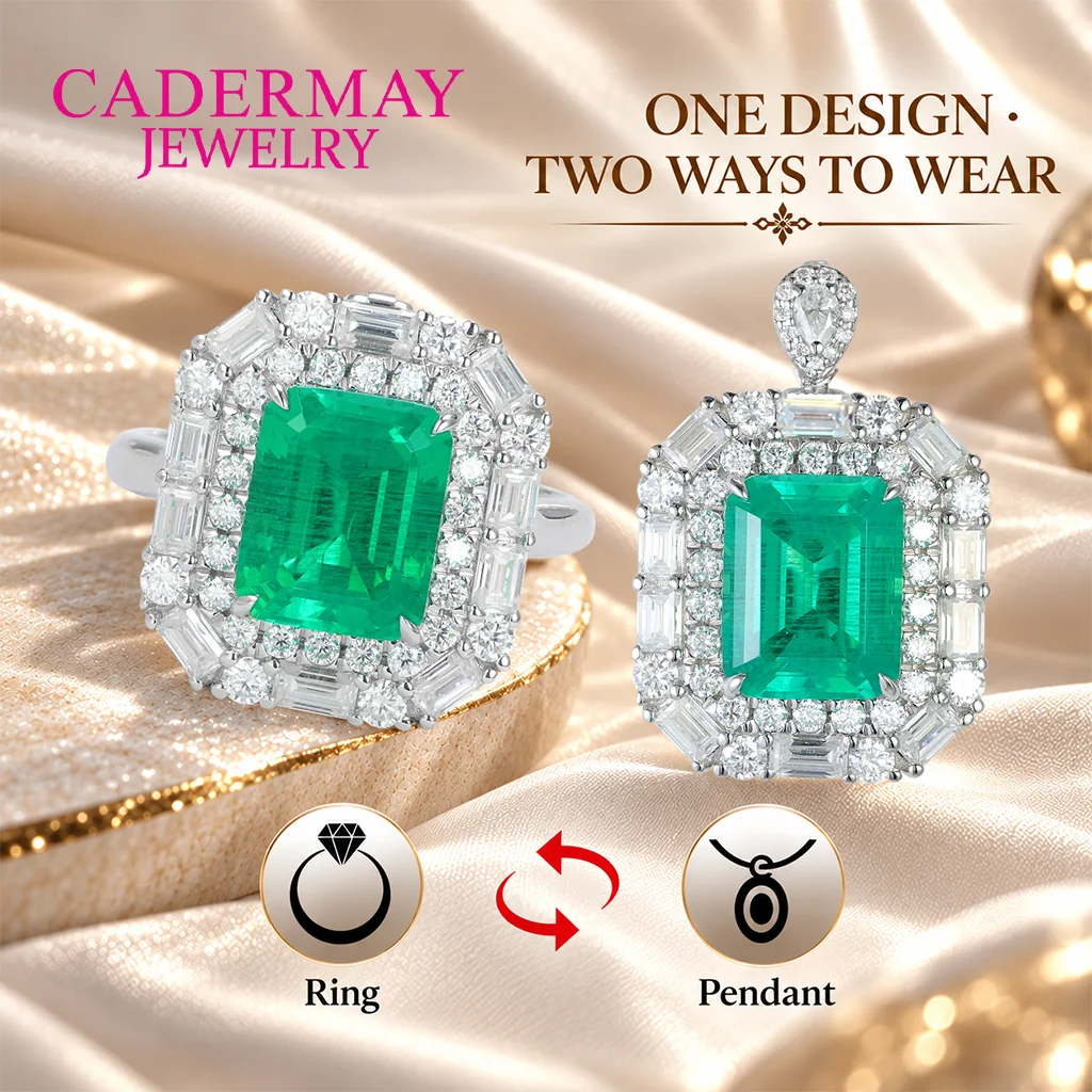 Cadermay 925 Sterling Silver 8x10mm Lab Grown Emerald Ring Pendant 2 in 1 Convertible Jewelry Moissanite Halo Luxury Gift