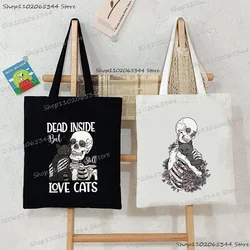 Vintage Skull and Cat Canvas Women's Shoulder Shopping Bag