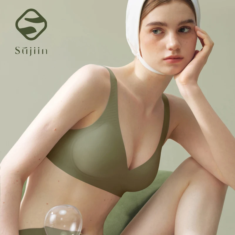 SUJIIN プッシュアップシームレスサポートブラジャー女性用ワイヤレスディープ V プランジ薄型ブラジャーたるみ防止 3A 抗菌ブラレット MX074H