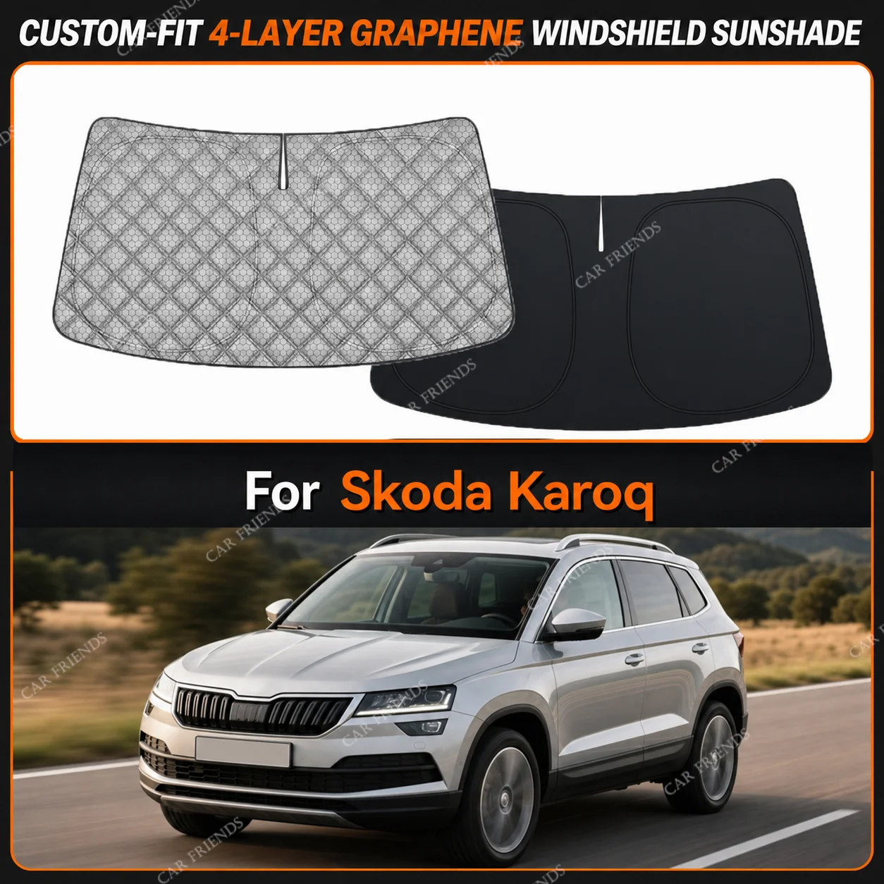 For Skoda Karoq Custom-Fit 4-Layer Graphene Windshield Sunshade Reflective Gray-Silver Surface Helps Reduce Direct Sunlight