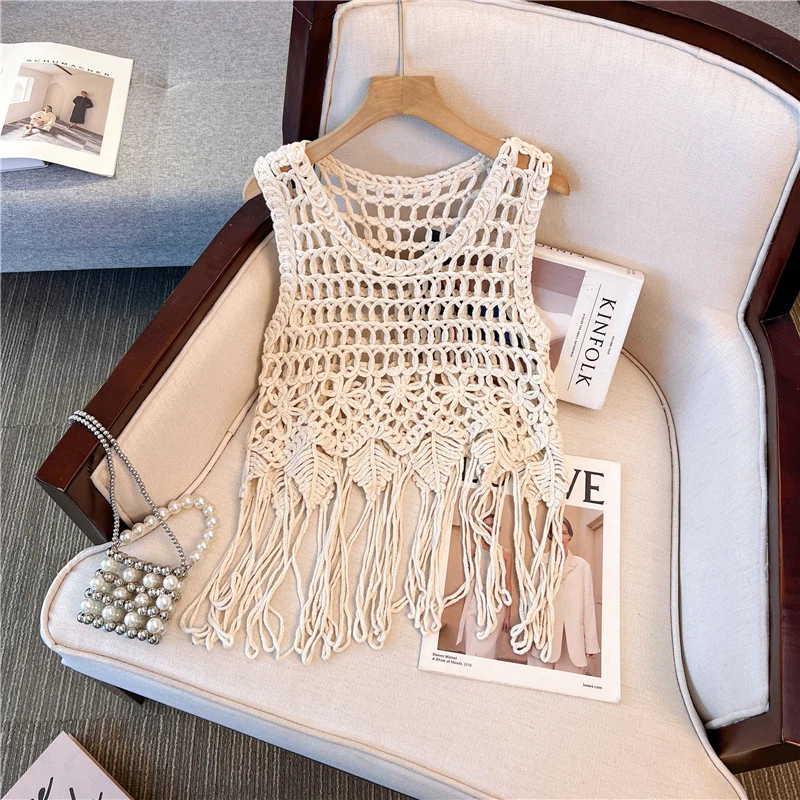 Summer Knitted Vest Tops Retro Sleeveless Tassel Shirt Fashion Women Hook Flower Hollow Out Pullovers Blouse
