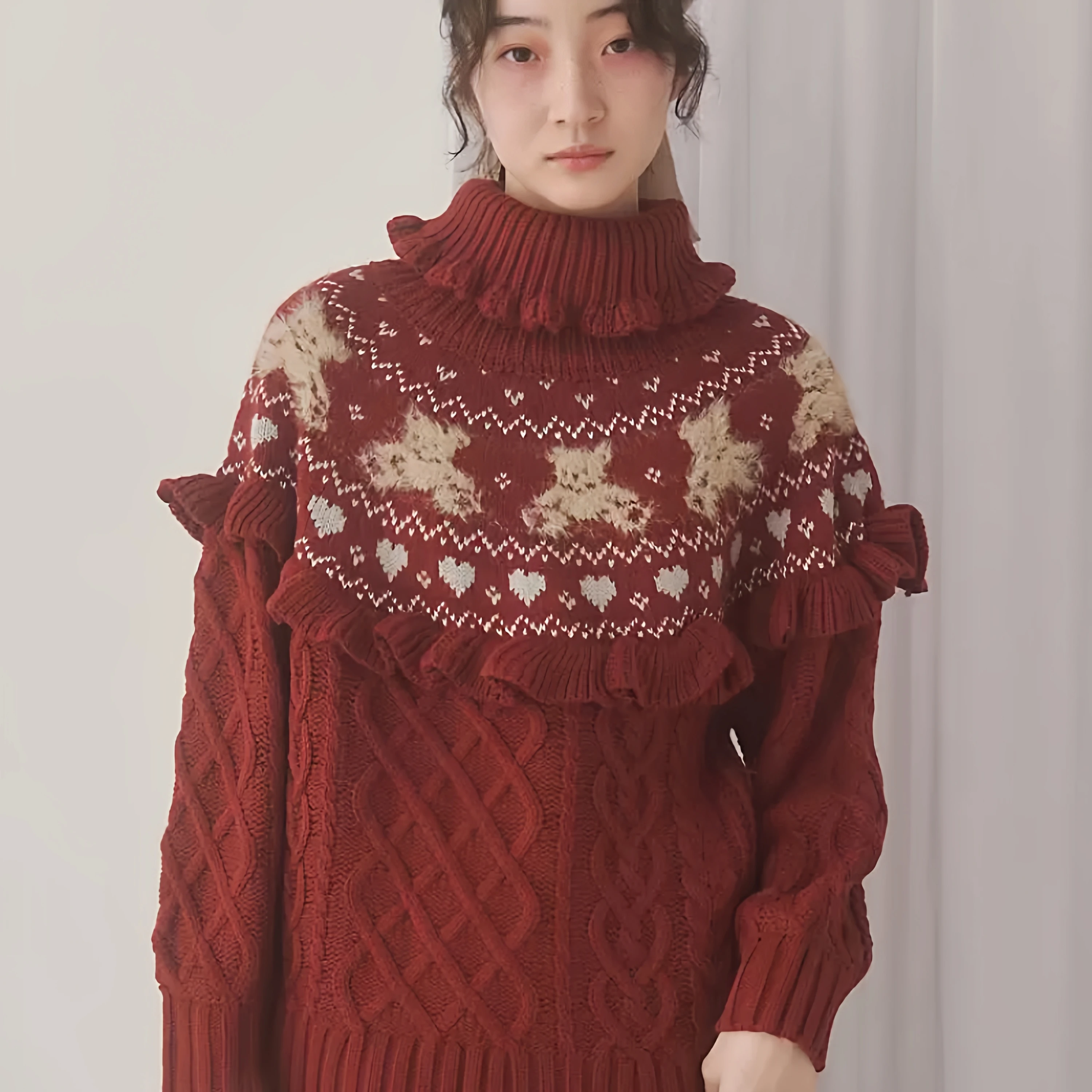 النمط الياباني أنيقة حلوة لطيف الوقوف طوق تكدرت كم طويل فضفاض تنوعا محبوك البلوزات البلوفرات للنساء الخريف