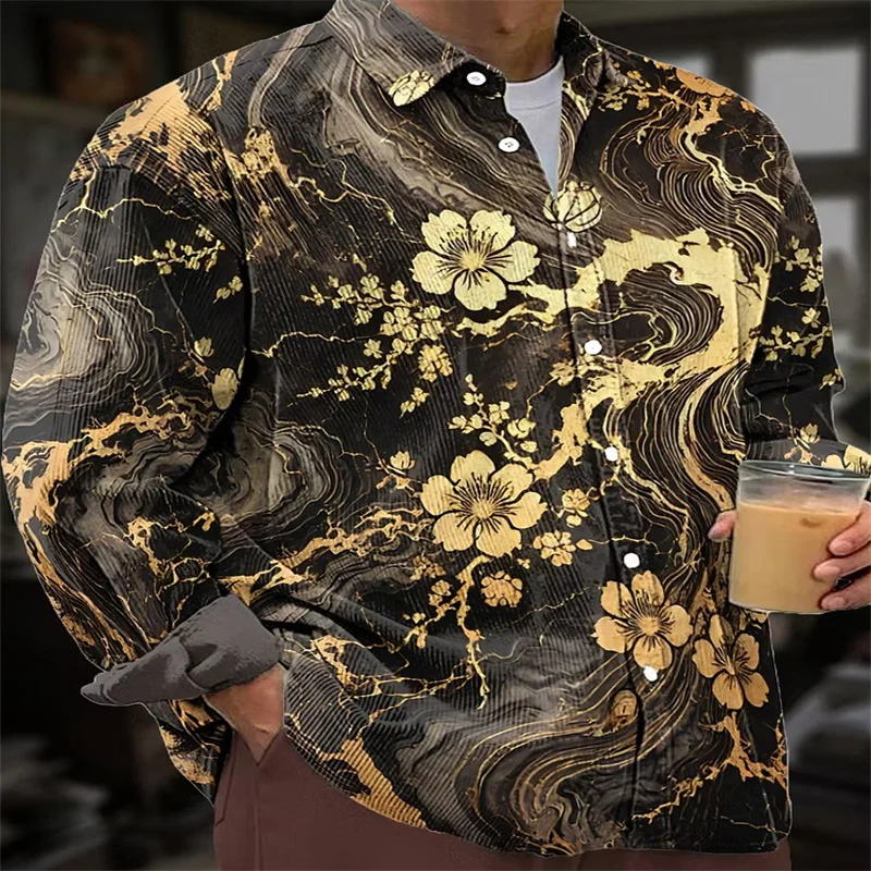 New Art Retro 3D Printed Long Sleeve Shirt with Rice Bottom Wave Flower Pattern Men's Collar Top Clothing