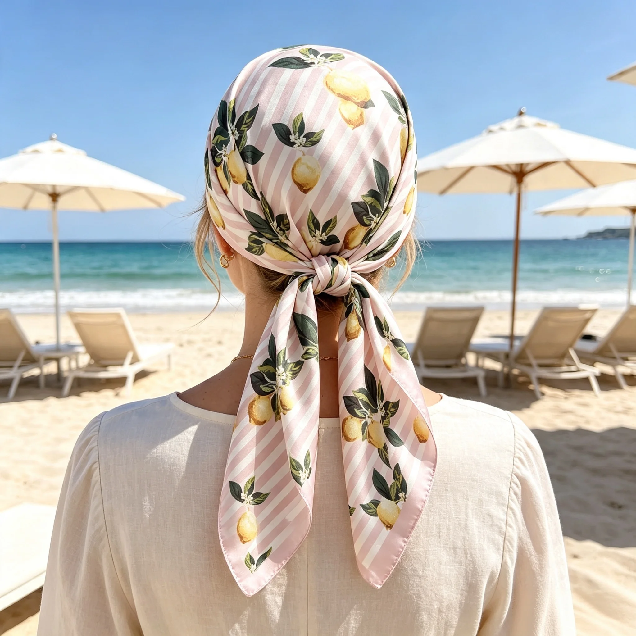 2026 New Lemon Printed Square Scarf For Women Imitation Silk Scarves Bandanas Luxury Hijab Neckerchief Elegant Beach Shawl Wraps