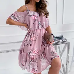 Women Dress Ruffle Spaghetti Strap Summer Dress Patchwork Off Shoulder Short Sleeve Lady Sling Dress For Beach