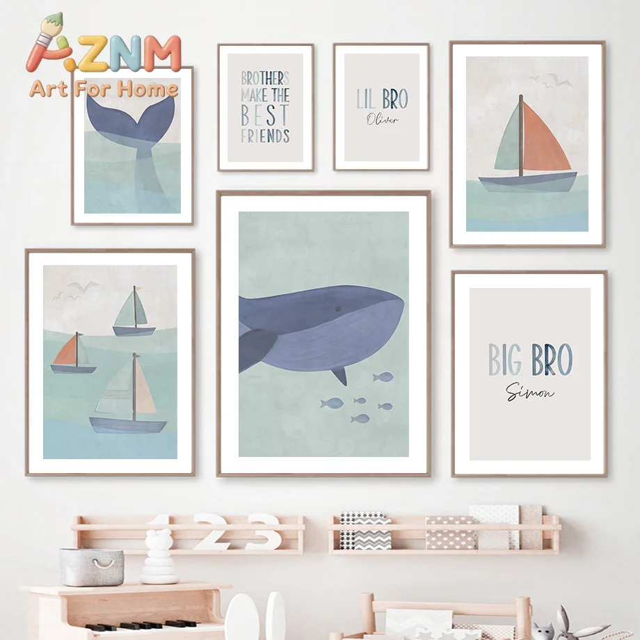 Cartoon Sea Whale Shark Sailboat Ocean Nursery Wall Art Canvas Painting Nordic Posters And Prints Pictures Baby Kids Room Dec