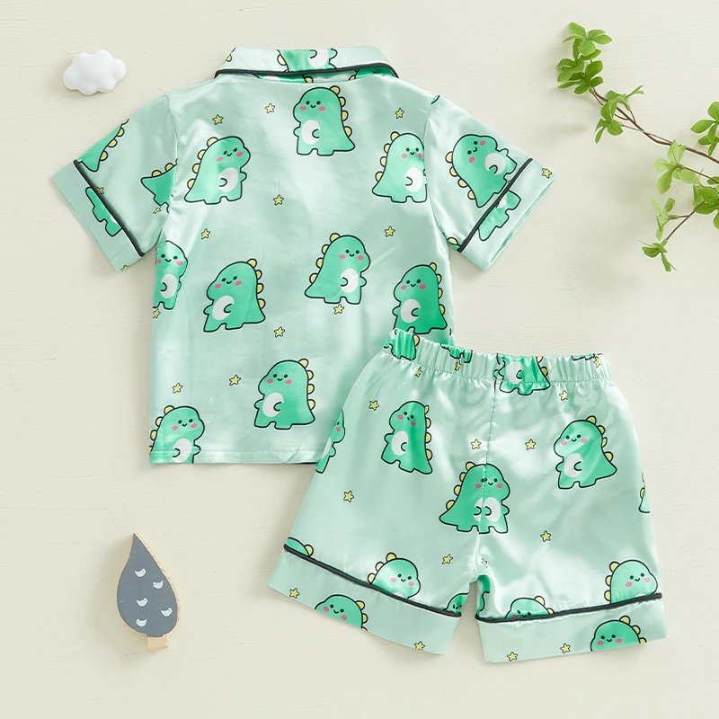 Toddler Summer Pajamas Set Dinosaur Goose Pattern Button Down V Neck Short Sleeve Tops and Shorts Satin Lounge Wear 2 Pcs Set