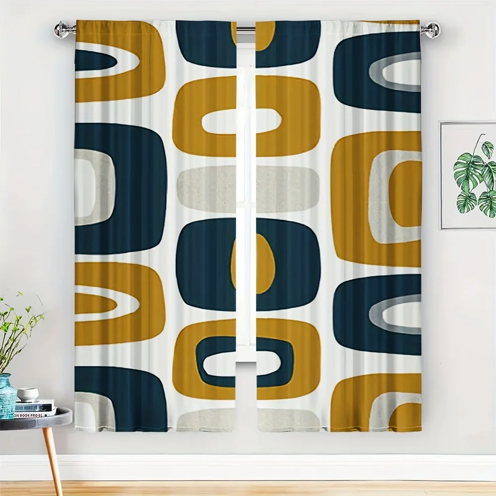 2pcs Mid-Century Geometric Curtain No Rod  Navy, Mustard Cream Abstract Blocks, Retro Modern Design for Living Room & Home Decor