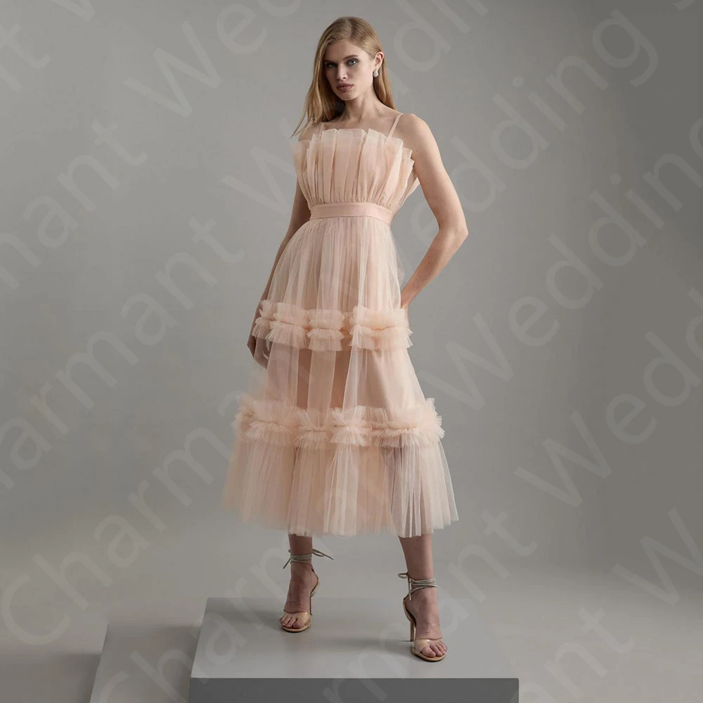 

Customized Latest Blush Pink Prom Gowns Tea Length Evening Dress 2025 Sleeveless Wedding Party Gowns with Straps Back Out