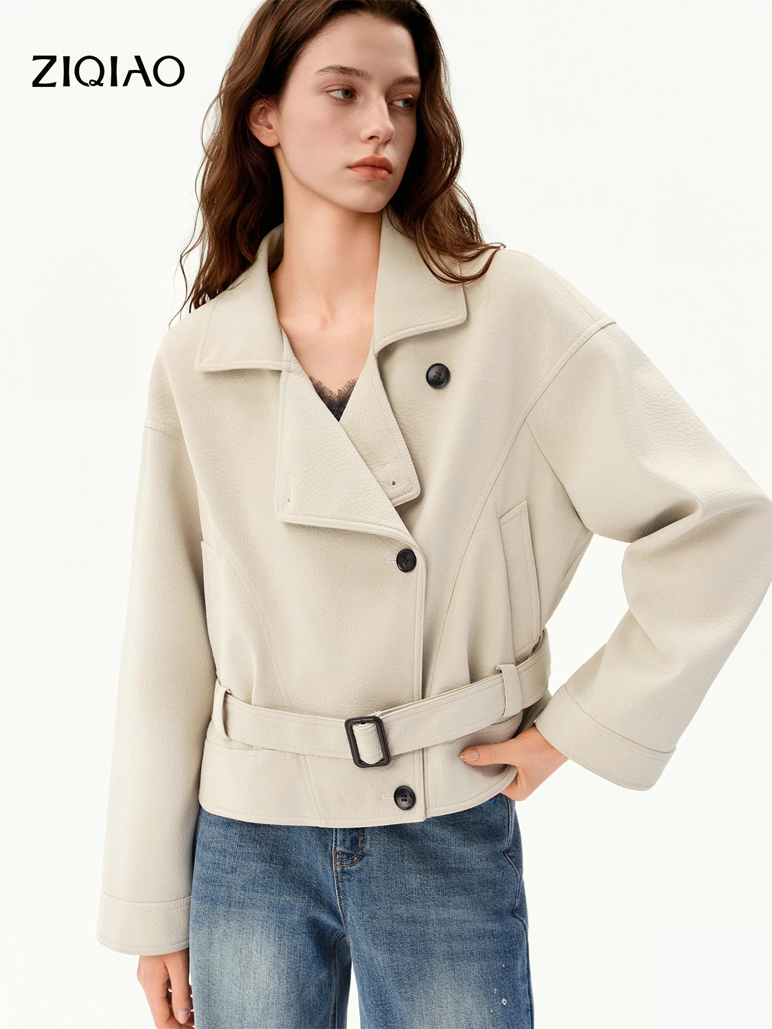 ZIQIAO Women Short Jacket Faux Sheepskin Texture Drop Shoulder Turn-Down Collar Waist-Cinching Motorcycle Coat Commute Outerwear